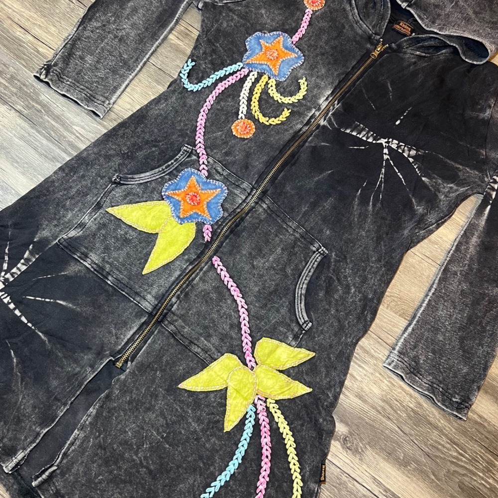 Artisan Nepal Hooded Boho Jacket Embroidered Floral Applique M Fairycore - Picture 4 of 7